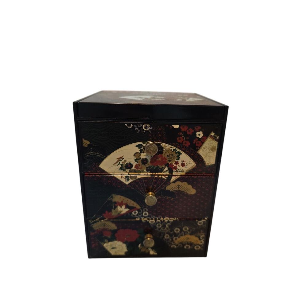Vtg Otagiri Original Lacquerware Black W Fans Flowers 3 Drawer Jewelry Box